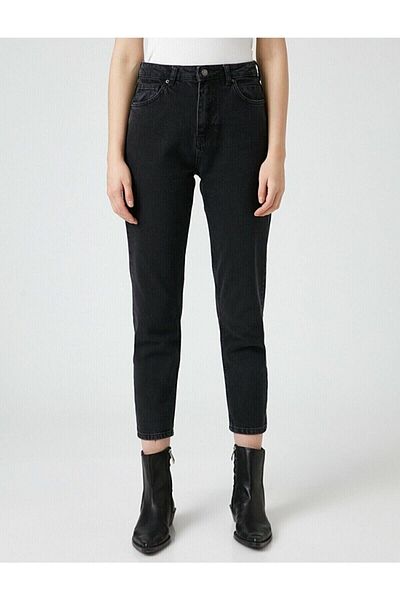 Trn JNS Pantaloni negri Mom Jean pentru femei Boyfriend cu talie înaltă Power Lycra