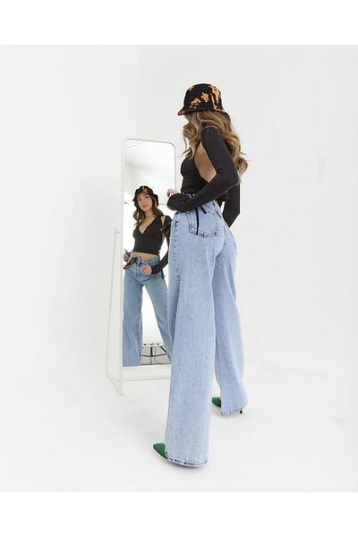 Ramrod Carolina Women's Non-Fading Snow Wash Blue High Waist Loose Leg Jeans Palazzo Jeans