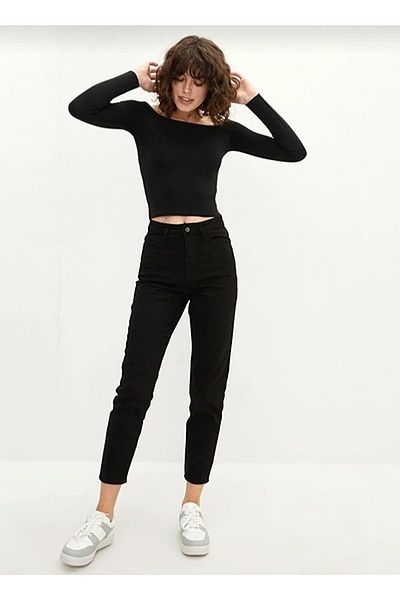 Trn JNS Pantaloni negri Colorfast Mom Jean pentru femei Boyfriend cu talie înaltă Power Lycra