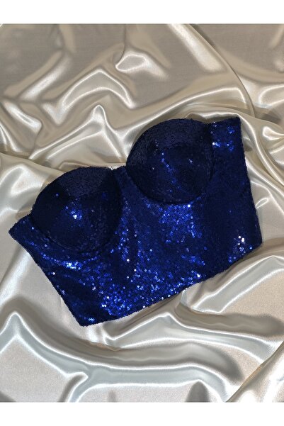 Miss Monalisa Moda Gece Mavisi Crop Astarlı Korse Detaylı Payet Büstiyer