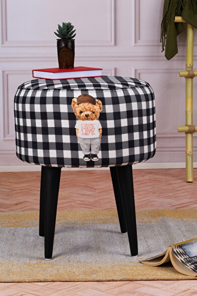 PufyHome Tedy Ekose Çok Amaçlı Gürgen Ayaklı (siyah) Puf Koltuk