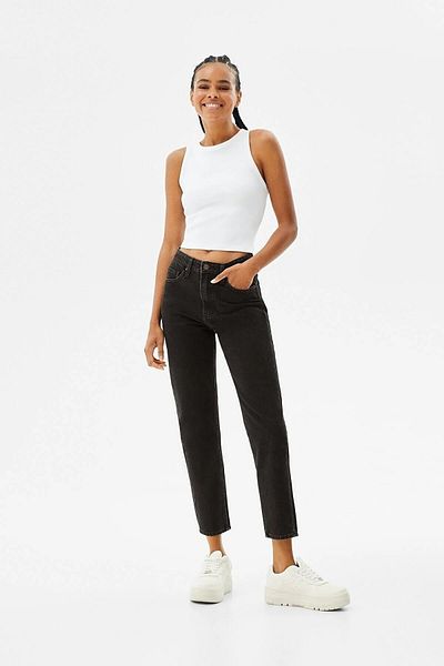 Trn JNS Pantaloni negri Mom Jean pentru femei Boyfriend cu talie înaltă Power Lycra