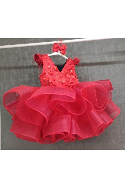 NGS STİL Kırmızı Üç Boyutlu Kaplamalı Grenli Marul Elbise