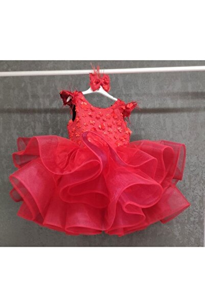 NGS STİL Kırmızı Üç Boyutlu Kaplamalı Grenli Marul Elbise