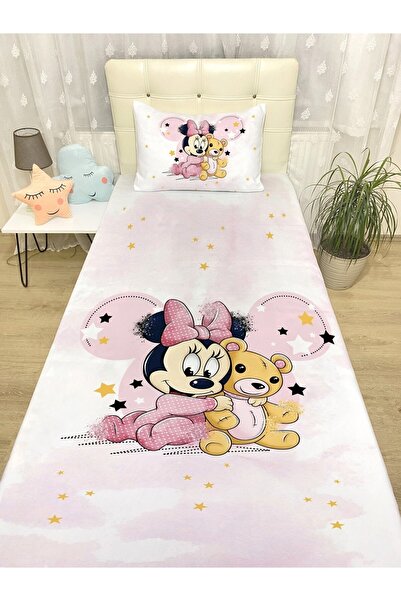 EVPANYA Minnie Ve Dostu Ayıcık Desenli Yatak Örtüsü Ve Yastık Kılıfı