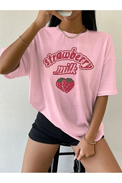 Machetta Μπλουζάκι μεγάλου μεγέθους Pink Strawberry Milk Printed Oversize
