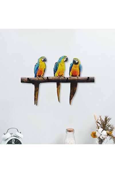 CajuArt Dal Üstünde Üç Renkli Papağan Anahtarlık Hol Duvar Askılık Süs