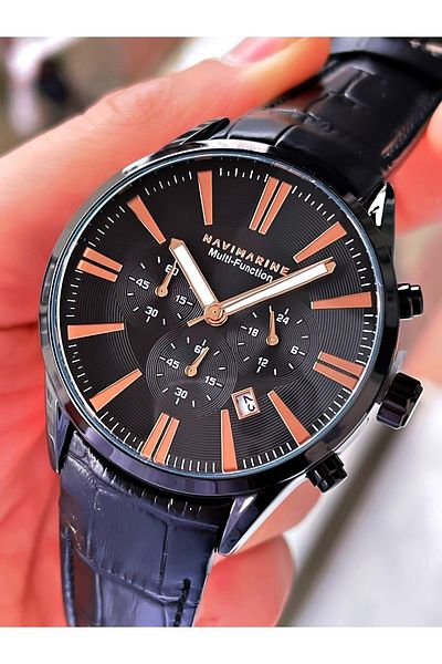 Navimarine Black Color Leather Strap Men's Wristwatch Bracelet Gift