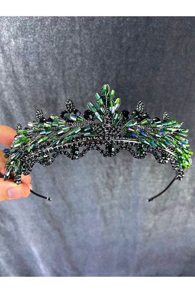 Hobigram Model Marvel cu mărgele de cristal verde Henna și coroana de mireasă – Coroană, piatră de cristal, model elegant, coroană de mireasă
