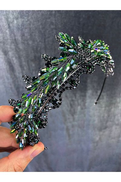 Hobigram Model Marvel cu mărgele de cristal verde Henna și coroana de mireasă – Coroană, piatră de cristal, model elegant, coroană de mireasă