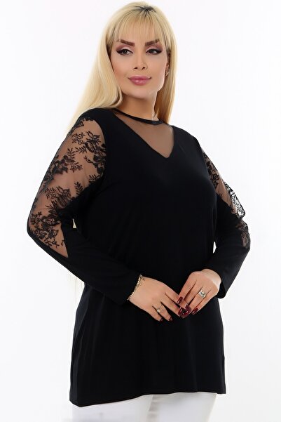 Kheos Round Neck Chest And Shoulder Tulle Detail Long Sleeve Flexible Stylish And Cool Lycra Plus Size Blouse
