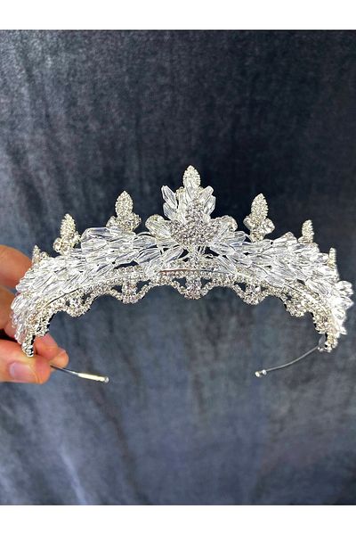 Hobigram Model Marvel Henna și Coroana de Mireasă cu mărgele de cristal argintiu – Coroană, Piatră de cristal, Model elegant, Coroană de mireasă