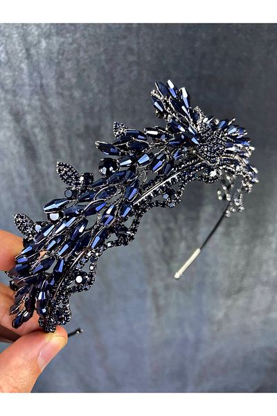 Hobigram Model Marvel Henna și Coroana de Mireasă cu mărgele de cristal bleumarin – Coroană, Piatră de cristal, Model elegant – Coroană