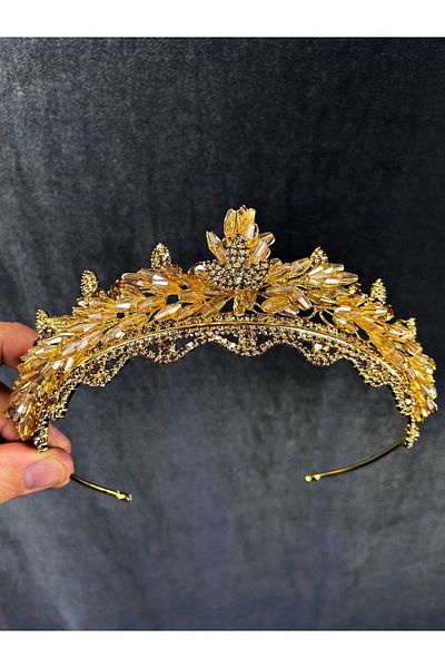 Hobigram Model Marvel cu mărgele de cristal de culoare miere și coroană de mireasă – Coroană, cu pietre de cristal, model elegant – Coroană –