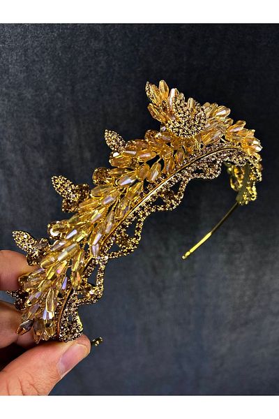 Hobigram Model Marvel cu mărgele de cristal de culoare miere și coroană de mireasă – Coroană, cu pietre de cristal, model elegant – Coroană –
