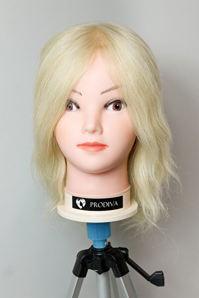 PRODİVA Kuaför Eğitim Mankeni Gerçek Saç - Kuaför Eğitim Puppeti - 30cm Platin Saç- Kesim Için
