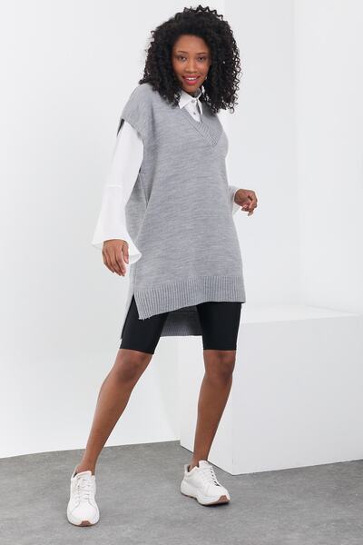 ALTINER TRİKO Kadın Gri V Yaka Uzun Süveter