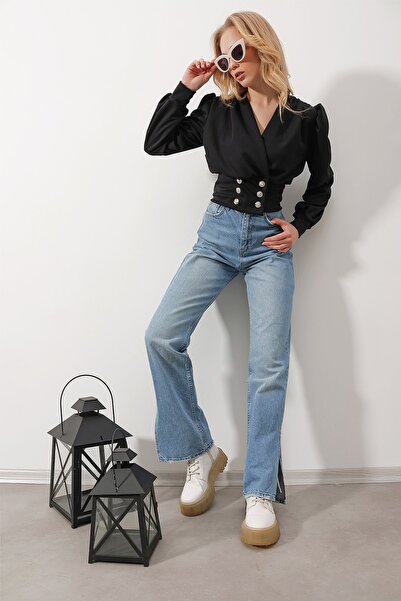 Trend Alaçatı Stili Dámská černá dvouřadá límec princezna s rukávem knoflíčky detailní oříznutá halenka ALC-X9815