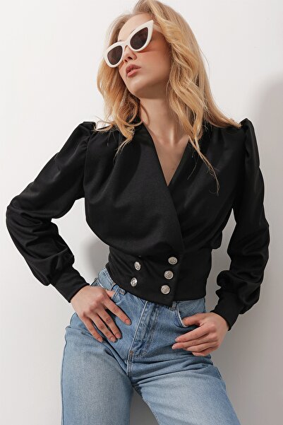 Trend Alaçatı Stili Dámská černá dvouřadá límec princezna s rukávem knoflíčky detailní oříznutá halenka ALC-X9815