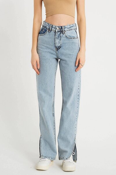 Livik Bella Kadın Mavi Dıştan Yırtık Likralı Süper Yüksek Bel Bol Paça Toparlayıcı Solmaz Kot Pantolon