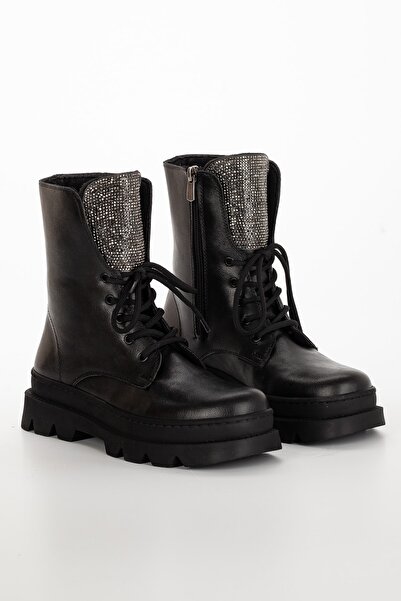 LULO Kadın Siyah Kalın Tabanlı Içi Kürklü Bilekten Lastikli Spor Şık Kışlık Bot Postal