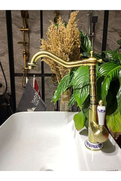 İSAOĞLU YAPI Matte Gold Rustic Kitchen Faucet Antique Rustic Sink Faucet Gold Kitchen Faucet with Ceramic Design