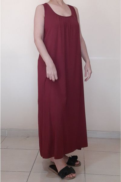 Mertcan Butik Rochie din bumbac pieptănat din viscoză cu bretele bordeaux închis în față și spate