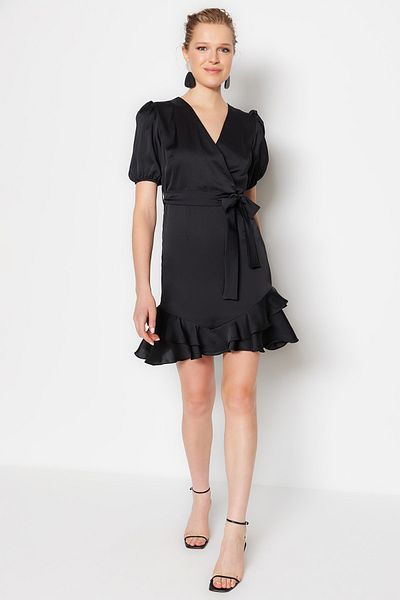 Trendyol Collection Black Belted Double Breasted Satin Mini Woven Dress TWOSS23EL00134
