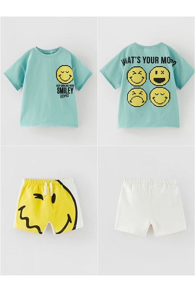LADİN New Season Boy's Smile Printed Top and Bottom Shorts Set