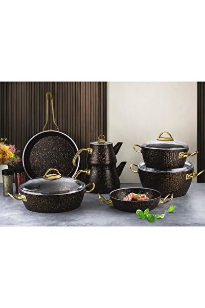 Lines 11 Parça Oscar Granit Desenli Çeyiz Tencere Seti Siyah