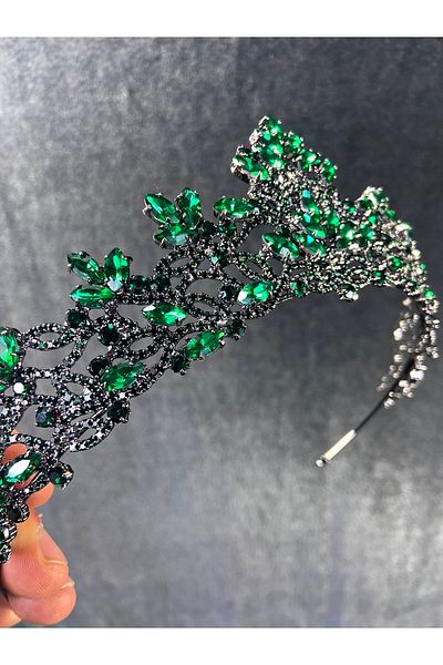 Hobigram Model Melissa verde Henna și Coroana de mireasă – Coroană, Piatră de cristal, Model elegant, Coroană de mireasă, Accesoriu de păr –