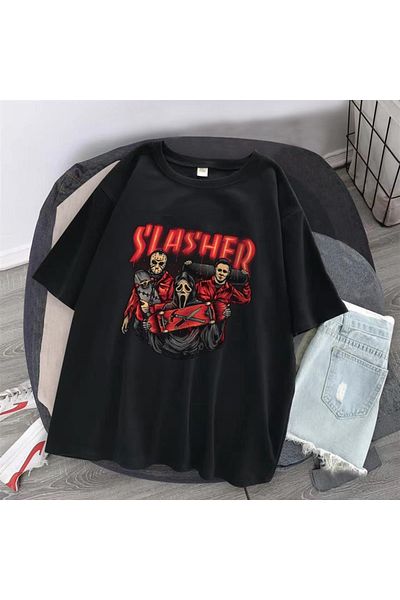 Touz Niiss Boutique - Unisex Black Oversize T-shirt - Red Slasher