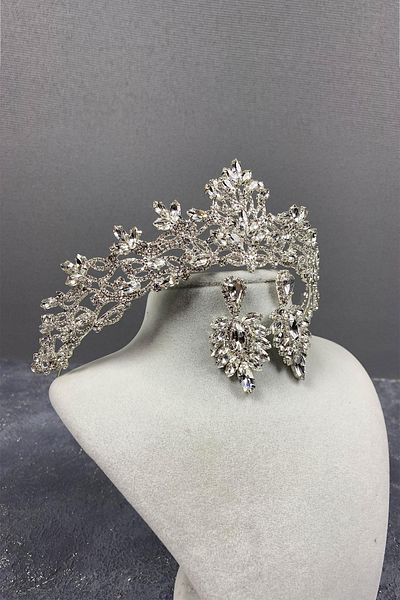 Hobigram Set de coroană de mireasă și cercei subțiri Melissa Model Silver – Coroană, piatră de cristal, model elegant – Coroană
