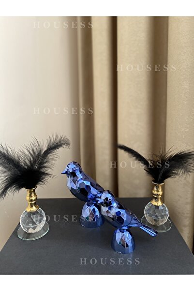 Housess 2'li Kuş Biblo Süs Polyester Döküm Ve 2'li Kristal Tüylük