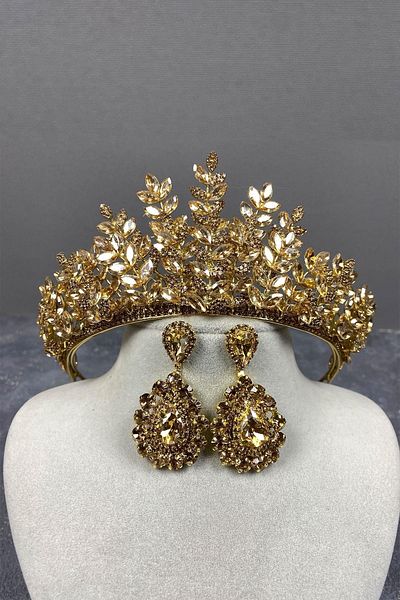 Hobigram Set de coroană de mireasă și cercei cu piatră de picătură Sezen Model 3D Henna – Coroană, piatră de cristal – T