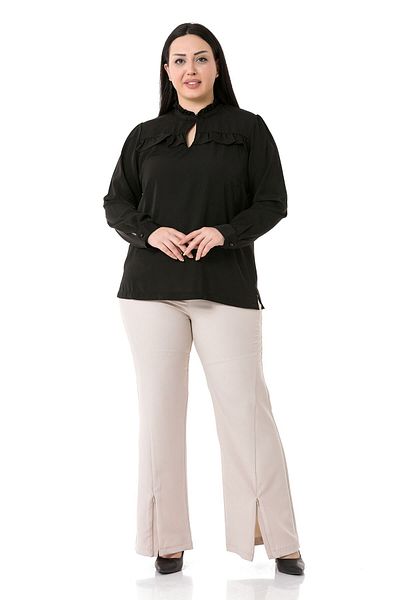 DISENTIS MODEST Μαύρη Μπλούζα Plus Size με Γιακά και λεπτομέρεια βολάν στο στήθος και στο πλάι