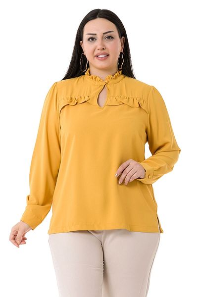 DISENTIS MODEST Plus Size Ruffle Side Λεπτομερής Γιακάς - Μουστάρδα Μπλούζα στο στήθος