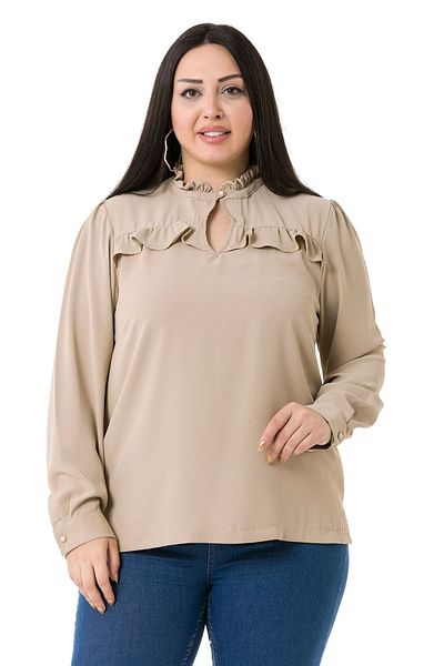 DISENTIS MODEST Μπεζ Μπλούζα Plus Size με γιακά και λεπτομέρεια βολάν στο στήθος και στο πλάι