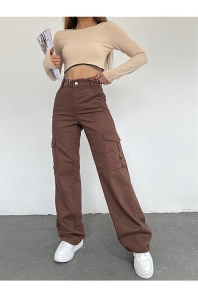LAMİRA Bitter Brown Cargo Pocket Palazzo Παντελόνι με φαρδιά μέση