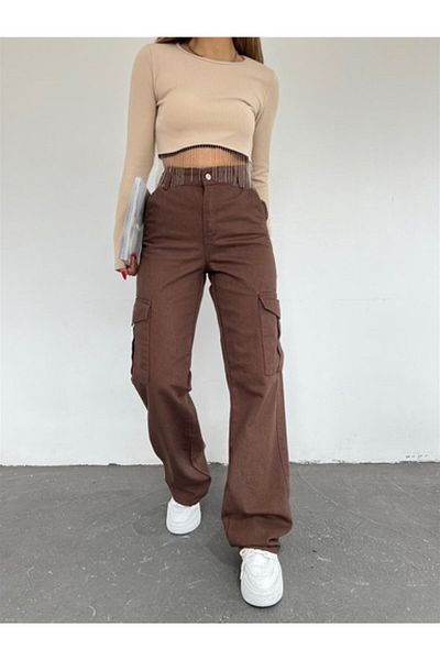 LAMİRA Bitter Brown Cargo Pocket Palazzo Παντελόνι με φαρδιά μέση