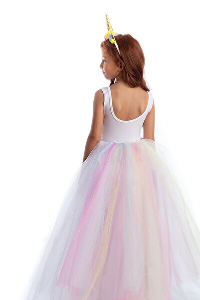 Tameris Kostüm Rita Çiçekli Unicorn Elbise Beyaz - Kız Çocuk Parti Ve Doğum Günü Kostümleri