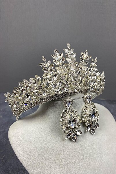 Bride Aksesuar Dünyası Set de coroană de mireasă cu henna și cercei cu trei p...