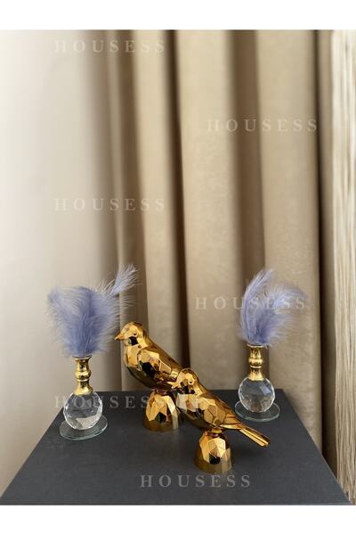 Housess 2'li Kuş Biblo Süs Polyester Döküm Ve 2'li Kristal Tüylük