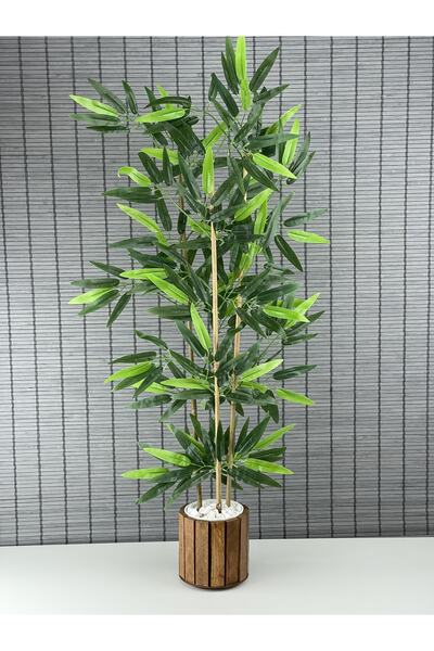 Bahçem Ahşap Saksılı Yapay Yoğun Yapraklı Dekoratif Bambu Ağacı 3 Gövde 110cm %100 Orjinal Bambu Gövde