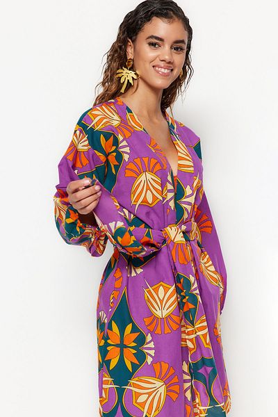 Trendyol Collection Ethnisch gemusterter Mini-Kimono und Kaftan aus 100 % Baumwolle mit gewebten Ballonärmeln und Gürtel
