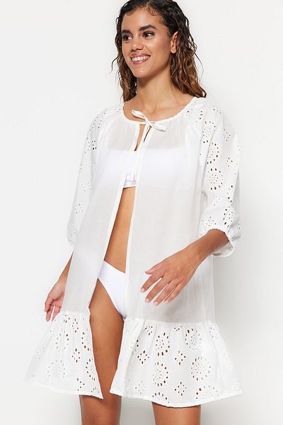 Trendyol Collection Λευκό Μίνι Υφαντό Κεντημένο Φόρεμα Παραλίας TBESS23EL00023
