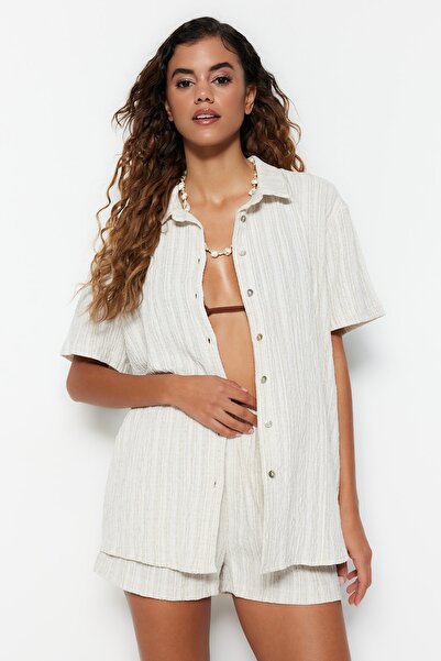 Trendyol Collection Ecru szőtt lenvászon kevert ing rövidnadrág strandkészlet TBESS23AU00054