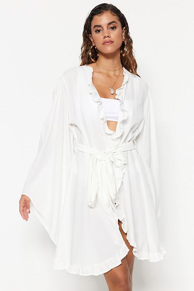 Trendyol Collection Ecru Belted Mini tkaný setrvačník Kimono&Kaftan TBESS23KM00031