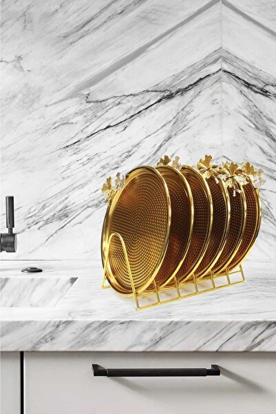 CEPHOME Gold Metal Pasta Sunum Tabağı Set 6 Lı Tabaklık Stand Lı Lüx