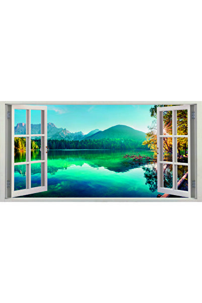 HDART Penceremde Göl Dağ Manzara Kanvas Tablo